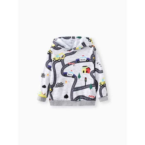 Patpat Toddler Boy Road Vehicle Print Hoodie Sweatshirt beige