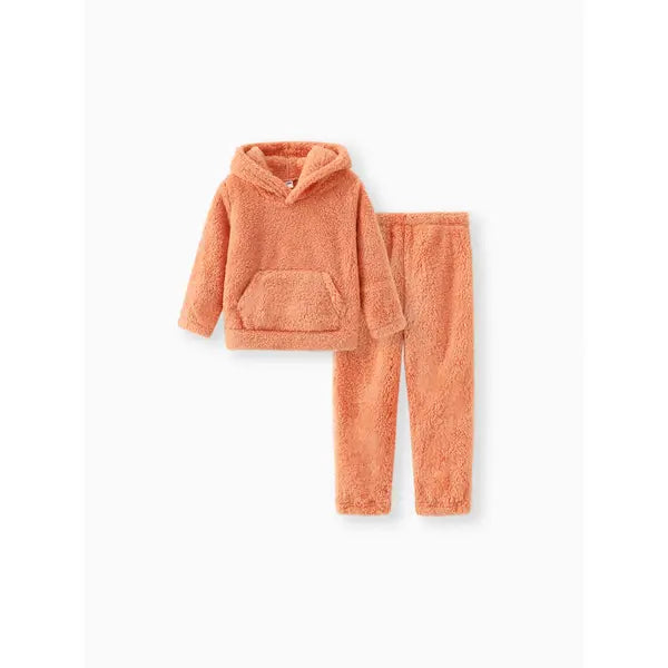 Patpat Toddler Girl/Toddler Boy 2pcs Fuzzy Hoodie Sweatshirt and Pants Set Orange