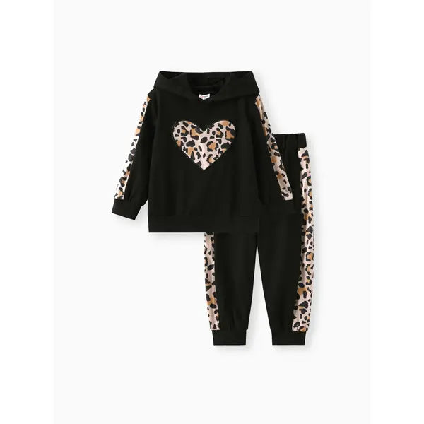 Patpat 2-piece Toddler Girl Leopard Print Heart Pattern Hoodie Sweatshirt and Pants Set Black