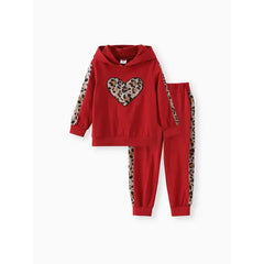 Patpat 2-piece Toddler Girl Leopard Print Heart Pattern Hoodie Sweatshirt and Pants Set red