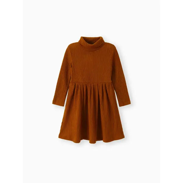 Patpat Toddler Girl Turtleneck Solid Color Ribbed Long-sleeve Dress Brown