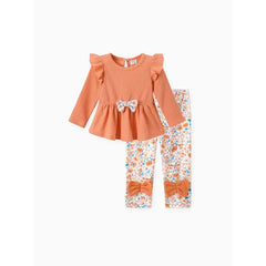 Patpat Baby Girl Clothes 2pcs Ruffled Top and Floral Leggings Set orange