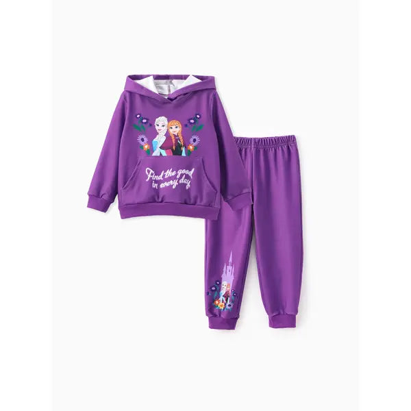 PATPAT Disney Frozen 2pcs Toddler Girls Elsa Anna Floral Long-sleeve Hoodie and Pants Set Pink