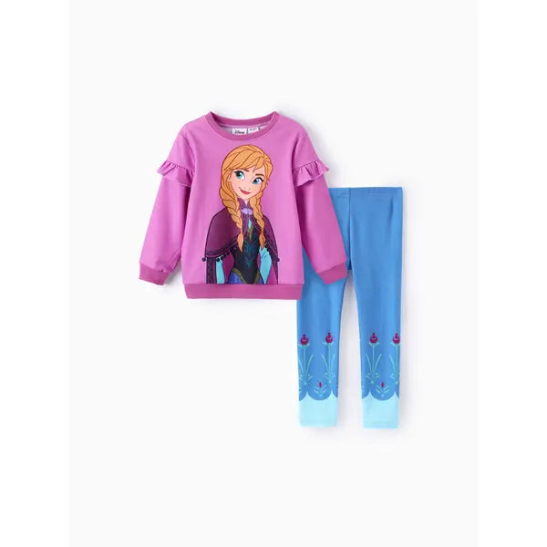 Patpat Disney Frozen Toddler Girls Elsa 2pcs Floral Flutter-sleeve Sweatshirt with Leggings Set light Purple