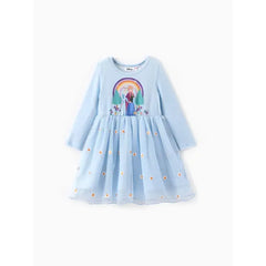 PATPAT Disney Frozen Toddler Girl 1pc Naia™ Elsa Anna Floral Rainbow Dress Blue