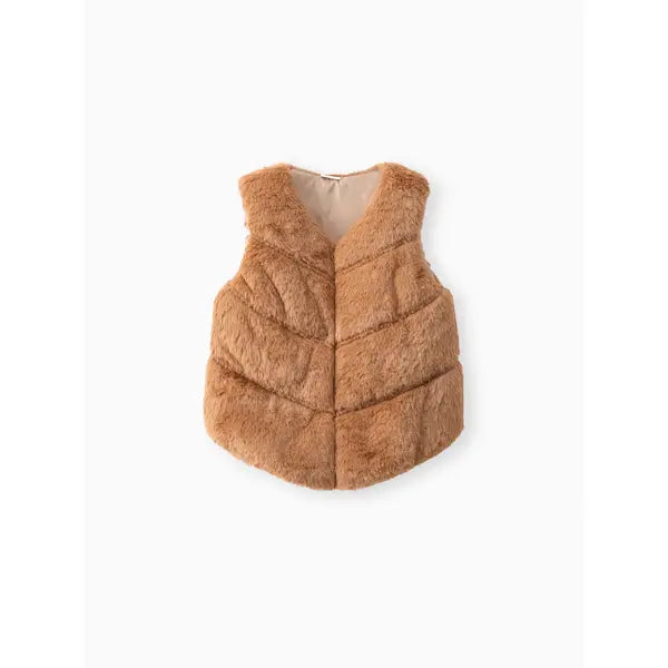 PATPAT Toddler Girl Trendy Button Design Fuzzy Faux Fur Vest Coat Khaki