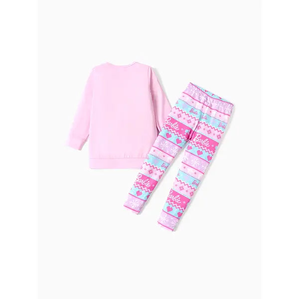 PATPAT Barbie 2pcs Kid Girl Christmas Snowflake Print Sweatshirt and Elasticized Pants Set pink