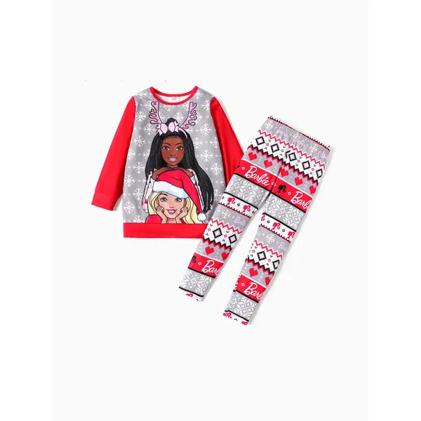 PATPAT Barbie 2pcs Kid Girl Christmas Snowflake Print Sweatshirt and Elasticized Pants Set Red