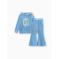 PATPAT Disney Frozen Toddler Girl 2pcs Elsa Velvet Hoodie with Flare Pants Set Blue