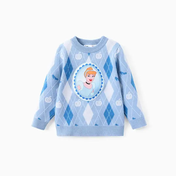 Patpat Disney Princess Toddler Girl 1pc Moana Ariel Rapunzel Cinderella Rhombus Pullover Sweater Blue