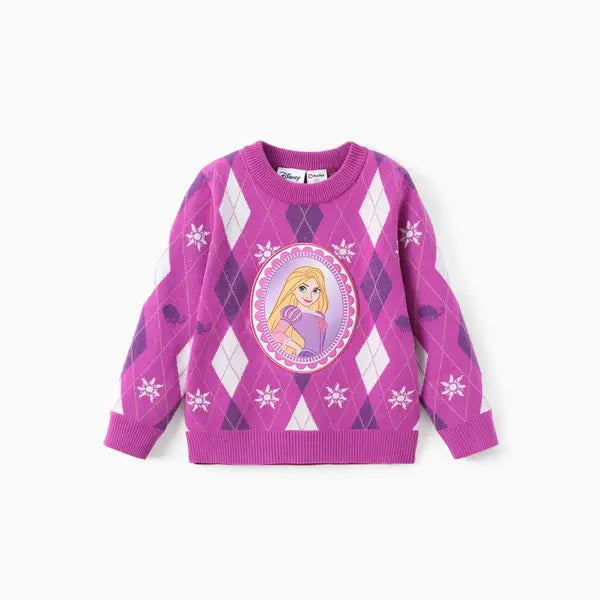 Patpat Disney Princess Toddler Girl 1pc Moana Ariel Rapunzel Cinderella Rhombus Pullover Sweater purple
