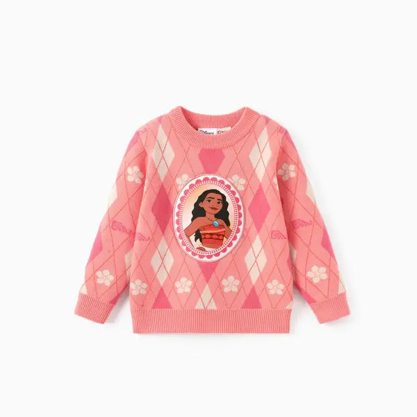 Patpat Disney Princess Toddler Girl 1pc Moana Ariel Rapunzel Cinderella Rhombus Pullover Sweater Coral