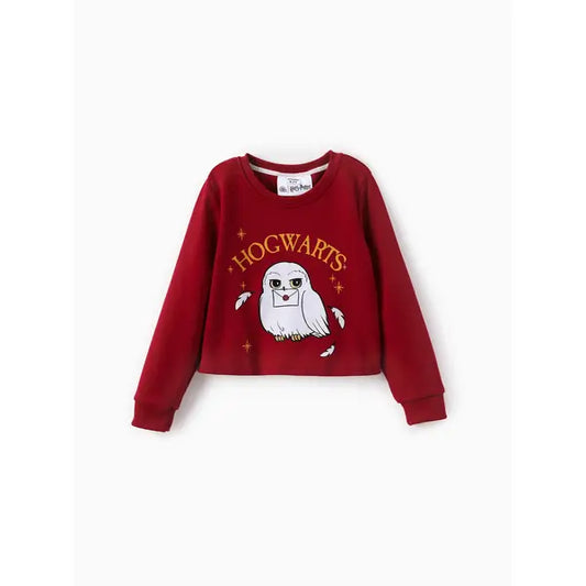 PATPAT Harry Potter Kid Girl 2pcs Owl Print Long-sleeve Sweatshirt And Bow tie Plaid Skirt Set Red