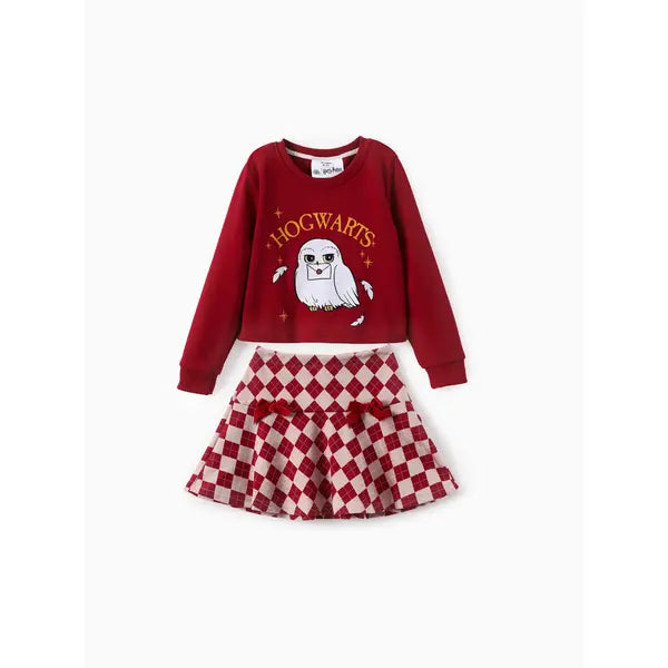 PATPAT Harry Potter Kid Girl 2pcs Owl Print Long-sleeve Sweatshirt And Bow tie Plaid Skirt Set Red