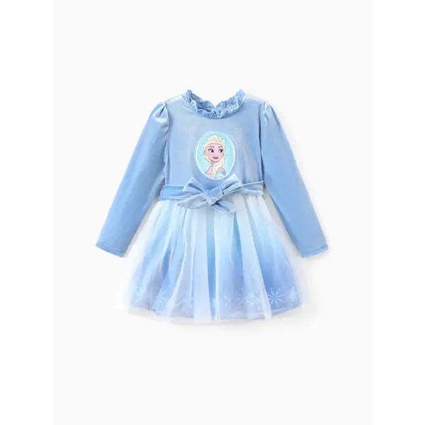 PATPAT Disney Frozen Toddler Girls 2pcs Elsa Embroidered Snowflake Print Velet Tulle Long-sleeve Dress