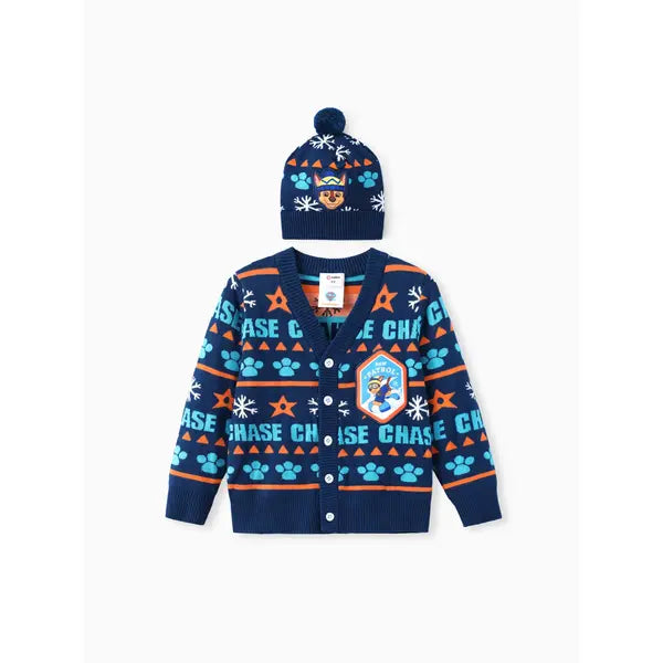 PATPAT PAW Patrol Toddler Boy/Girl 2pcs Chase/Skye Christmas Snowflake Paw Allover Print Knitwear With Hat Blue