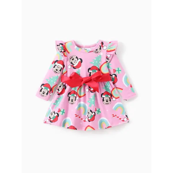 Patpat Disney Mickey and Friends Toddler Girl Christmas Full Print Bow Tie Long-sleeve Dress pink