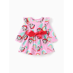 Patpat Disney Mickey and Friends Toddler Girl Christmas Full Print Bow Tie Long-sleeve Dress pink