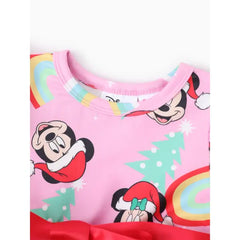 Patpat Disney Mickey and Friends Toddler Girl Christmas Full Print Bow Tie Long-sleeve Dress pink