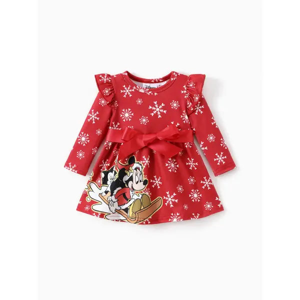 Patpat Disney Mickey and Friends Toddler Girl Christmas Full Print Bow Tie Long-sleeve Dress Red 2