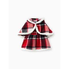 Patpat 2PCS Baby Girl Grid/Houndstooth Pattern Christmas Sweet Hooded Suit Dress/Cloak