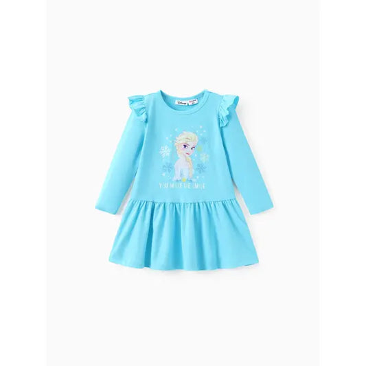 PATPAT Disney Frozen Toddler Girl 2-pack Elsa Cotton&Naia™ Ruffled Long-sleeve Dress And Snowflake Allover Print Dress Set