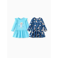 PATPAT Disney Frozen Toddler Girl 2-pack Elsa Cotton&Naia™ Ruffled Long-sleeve Dress And Snowflake Allover Print Dress Set