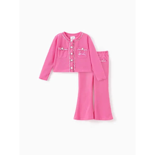 PATPAT Barbie Outfits Toddler/Kid Girl 2pcs Cotton Knitted Pearl Button Cardigan And Flared Pants Set Pink