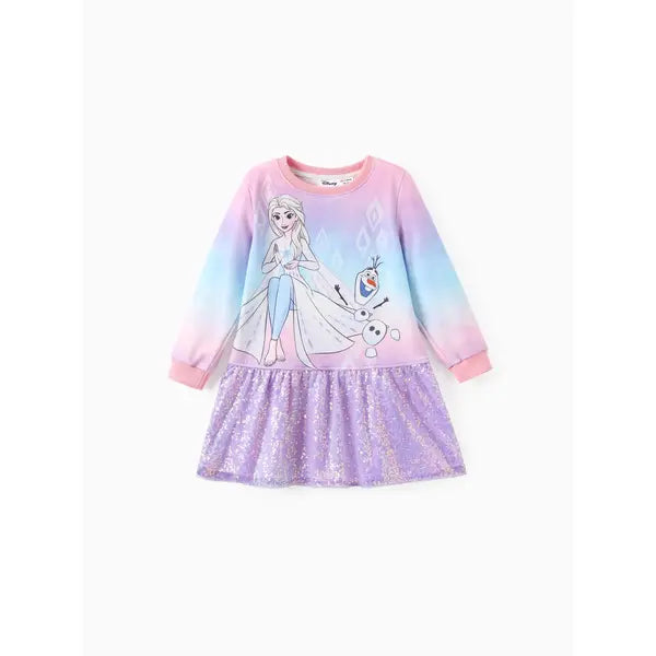 PATPAT Disney Frozen Toddler Girl 1pc Elsa Anna Sequin Ruffle Dress Multicolor