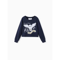 PATPAT Harry Potter Kid Girl 2pcs Owl Print Long-sleeve Sweatshirt And Bow tie Plaid Skirt Set Blue