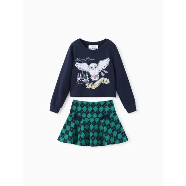PATPAT Harry Potter Kid Girl 2pcs Owl Print Long-sleeve Sweatshirt And Bow tie Plaid Skirt Set Blue