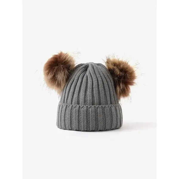 PATPAT Double Hairball Knitted Beanie Hats for Kid grey