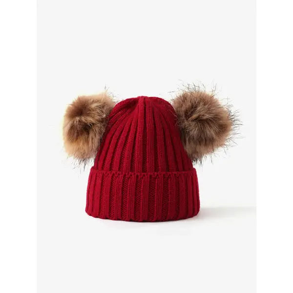 PATPAT Double Hairball Knitted Beanie Hats for Kid Red
