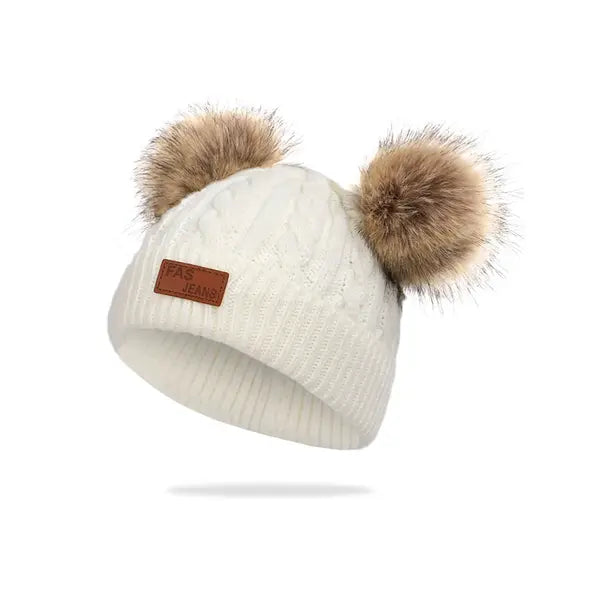 PATPAT Toddler/ Kid Double Pompon Decor Solid Color Knitted Beanie Hat White