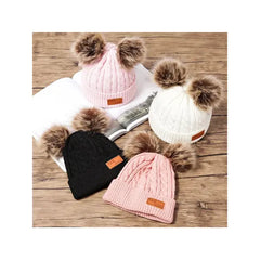 PATPAT Toddler/ Kid Double Pompon Decor Solid Color Knitted Beanie Hat White