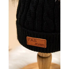 PATPAT Toddler/ Kid Double Pompon Decor Solid Color Knitted Beanie Hat black