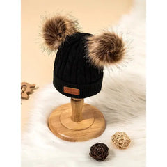 PATPAT Toddler/ Kid Double Pompon Decor Solid Color Knitted Beanie Hat black