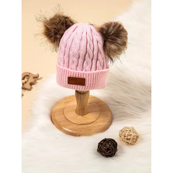 PATPAT Toddler/ Kid Double Pompon Decor Solid Color Knitted Beanie Hat White