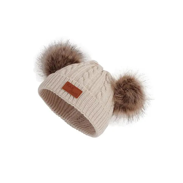 PATPAT Toddler/ Kid Double Pompon Decor Solid Color Knitted Beanie Hat beige