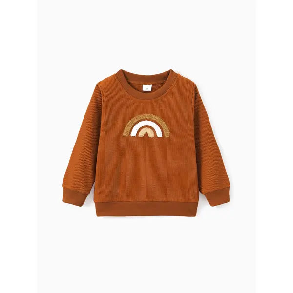 PATPAT Toddler Girl/Boy Rainbow Embroidered Waffle Sweatshirt Brown