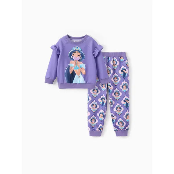 PATPAT Disney Princess Toddler Girl 2pcs Jasmine/Cindere/Aurora/Bella Pattern Ruffled Long-sleeve Sweatshirt And Pants Set Purple