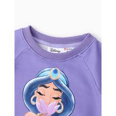 PATPAT Disney Princess Toddler Girl 2pcs Jasmine/Cindere/Aurora/Bella Pattern Ruffled Long-sleeve Sweatshirt And Pants Set Purple