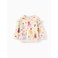 PATPAT Disney Princess Toddler Girl 2pcs Jasmine/Cindere/Aurora/Bella Pattern Ruffled Long-sleeve Sweatshirt And Pants Set offwhite