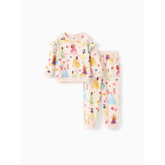 PATPAT Disney Princess Toddler Girl 2pcs Jasmine/Cindere/Aurora/Bella Pattern Ruffled Long-sleeve Sweatshirt And Pants Set offwhite