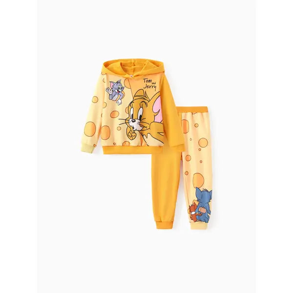 PATPAT Tom and Jerry Toddler Boy 2pcs Colorblock Long-sleeve Hoodies And Pants Set Yellow