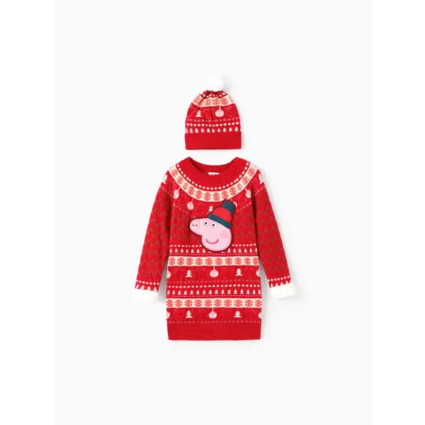 PATPAT Peppa Pig Toddlers Girl 2pcs Christmas Pattern Knitted Dress With Hat Set Red
