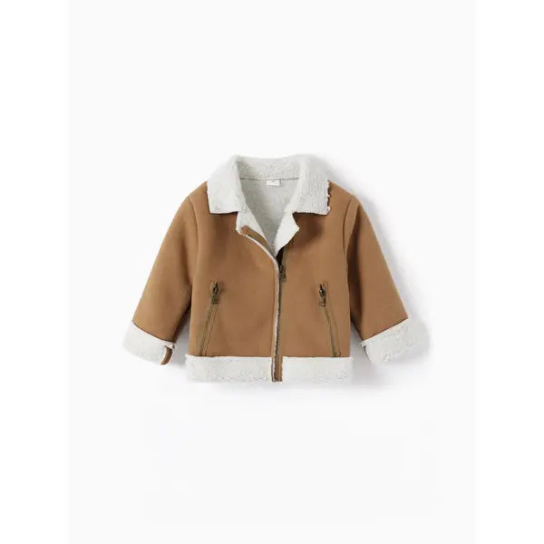 PATPAT Toddler Girl/Boy Lapel Collar Zipper Fuzzy Berber Fleece Coat Khaki