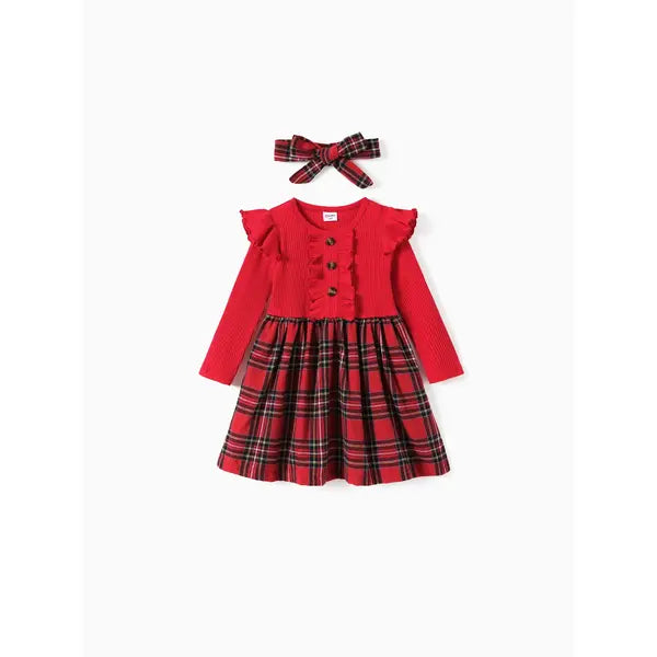 PATPAT Christmas Toddler Girl Grid Print Ruffled Dress with Headband Red