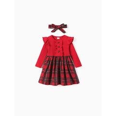 PATPAT Christmas Toddler Girl Grid Print Ruffled Dress with Headband Red
