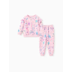 PATPAT Disney Princess Toddler Girl 2pcs Jasmine/Cindere/Aurora/Bella Pattern Ruffled Long-sleeve Sweatshirt And Pants Set White